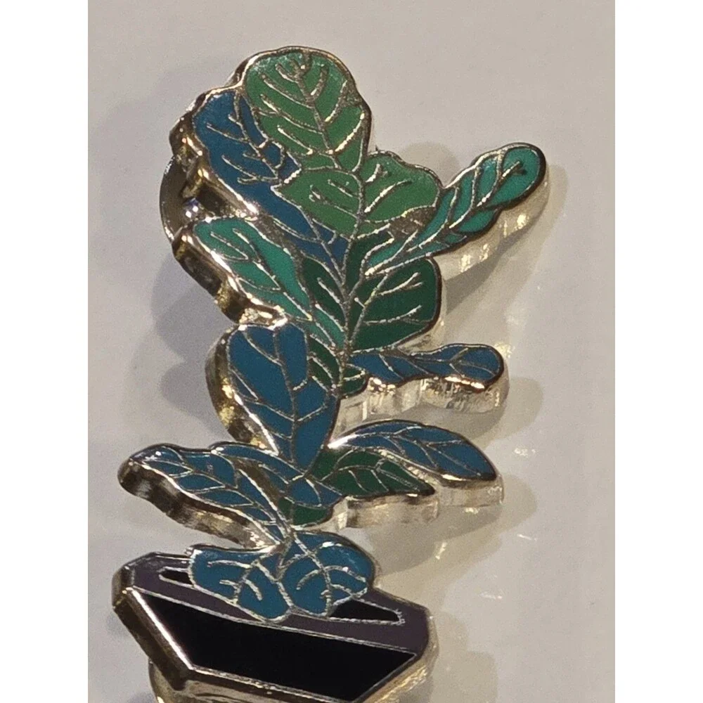 Fiddle Leaf Fig Enamel Lapel Pin Potted Houseplant Plant Lover Gold Tone #1366